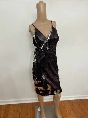 bebe Black Sequin Mini Dress with Metallic Accents